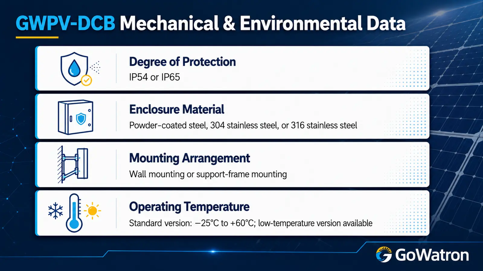 GWPV-DCB smart PV DC combiner box enclosure and environmental specifications