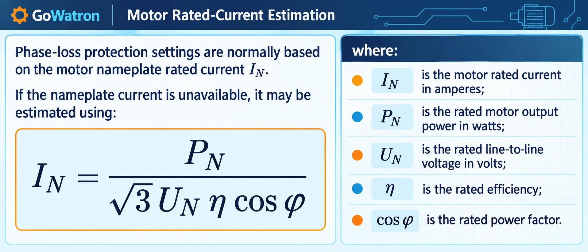 Motor rated-current estimation formula for phase-loss protection settings – GoWatron